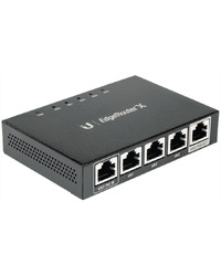 UBIQUITI EdgeRouter X; 1) GbE, 24V passive PoE RJ45 input; 3) GbE RJ45 ports; 1) GbE PoE passthrough output.