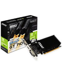 MSI Video Card NVidia GeForce GT 710, 2048MB DDR3, 64-bit, 12.8 GB/s, 1600 Mbps Effective Memory Speed, 954 MHz Clock, PCI Express 2.0, HDMI 1.4, Dual-link DVI-D, D-Sub, 300W Recommended PSU