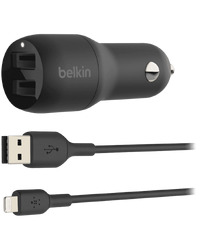 BELKIN Dual USB-A Car Charger w/ 1M PVC A-LTG, 24W, BLK