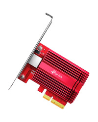 TPLink 10 Gigabit PCI Express Network Adapter, 1× PCI Express 3.0 x4, 1× RJ45 Gigabit/Megabit Port, 10 Gbps, 5 Gbps, 2.5 Gbps, 1 Gbps, and 100 Mbps Base-T connectivity; 1.5 m CAT6A Ethernet Cable, Standard/Low-Profile Brackets