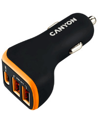 CANYON C-08, Universal 3xUSB car adapter, Input 12V-24V, Output DC USB-A 5V/2.4A(Max) + Type-C PD 18W, with Smart IC, Black+Orange with rubber coating, 71*39*26.2mm, 0.028kg