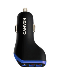 CANYON C-08, Universal 3xUSB car adapter, Input 12V-24V, Output DC USB-A 5V/2.4A(Max) + Type-C PD 18W, with Smart IC, Black+Purple with rubber coating, 71*39*26.2mm, 0.028kg