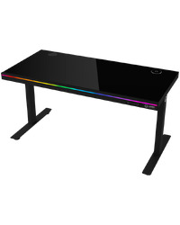 Dual-motor sit/stand adjustable-height gaming desk with wireless charger, RGB lighting, control panel, and USB ports, solid tempered glass tabletop, black.