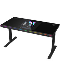 Dual-motor sit/stand adjustable-height gaming desk with built-in PC case, wireless charger, RGB lighting, control panel, and USB ports, tempered glass tabletop, black.