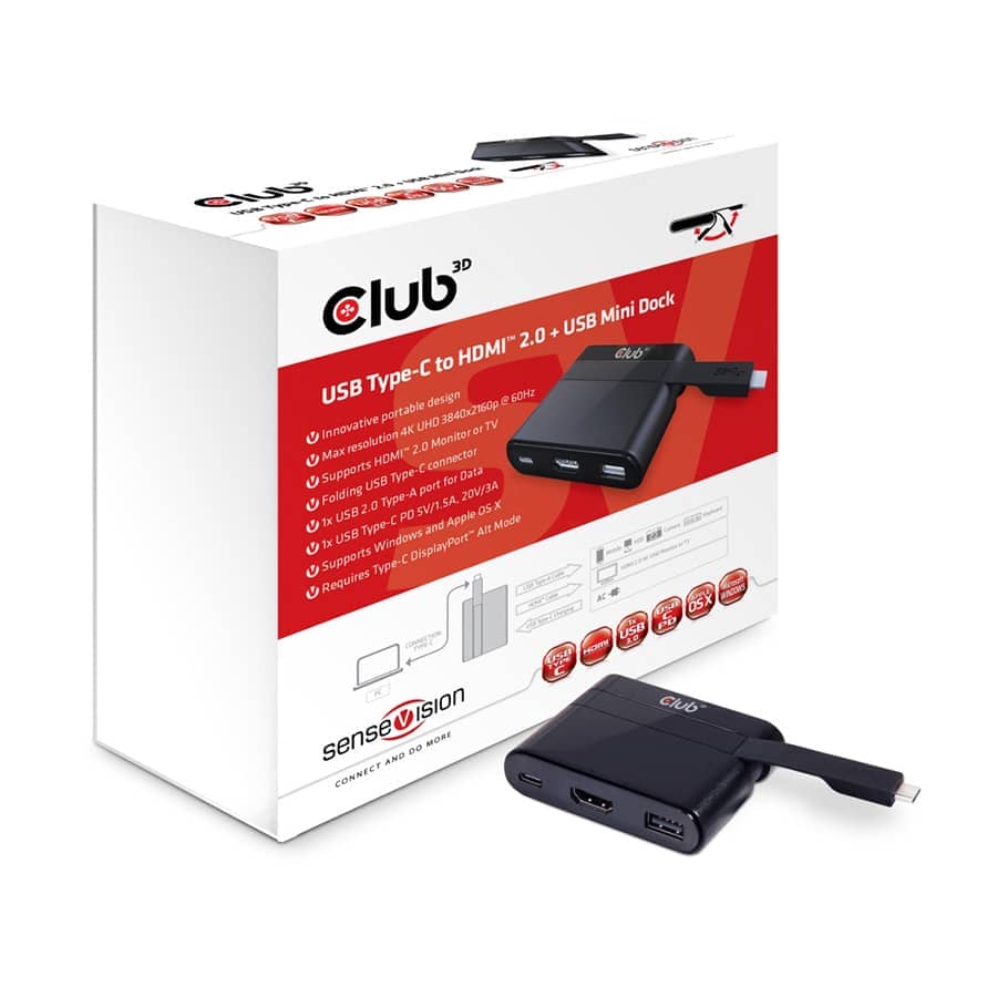 Mini docking station Club 3D USB TYPE C 3.1 GEN 1 TO HDMI 4K60HZ + USB TYPE A 2.0 + USB TYPE C CHARGING 60W MINI DOCKING STATION CSV-1534
