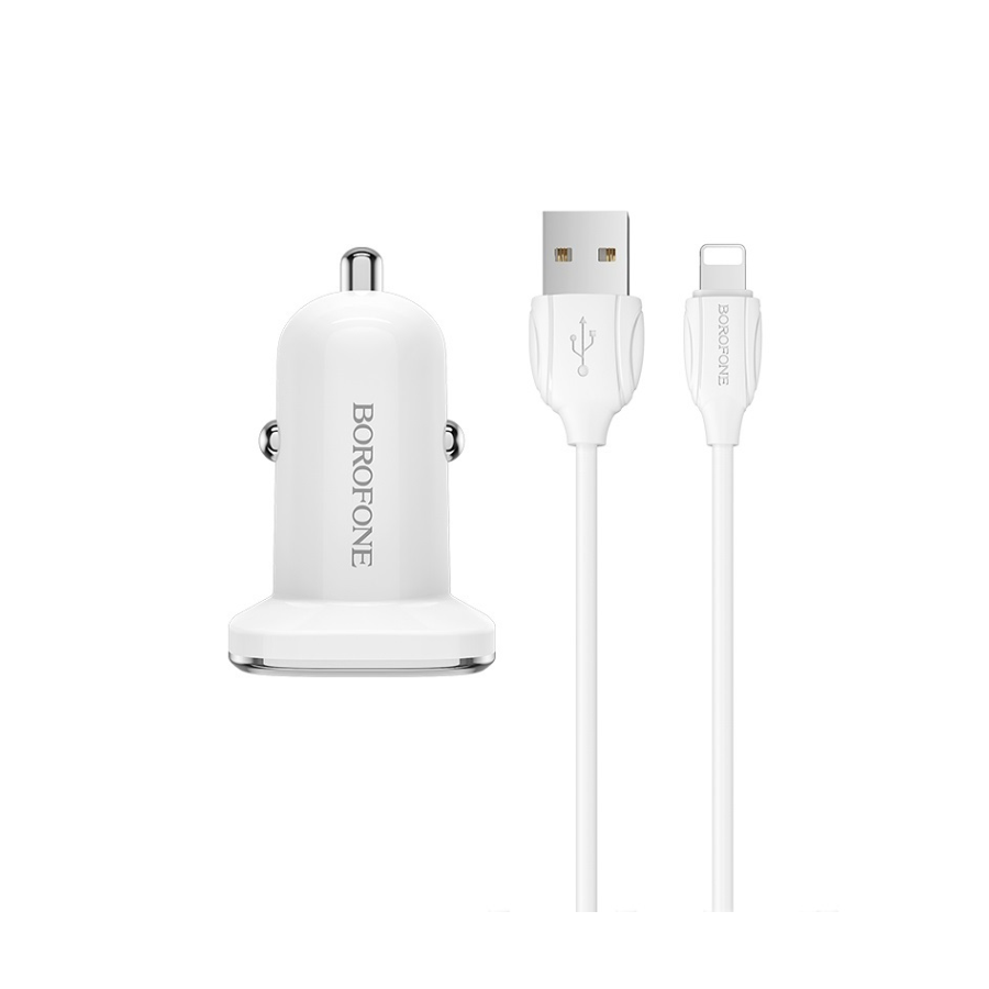 AUTO PUNJAČ BOROFONE BZ12 TRAJNO NAPAJANJE - 2XUSB - 2,4A SA USB NA LIGHTNING KABLOM BIJELI