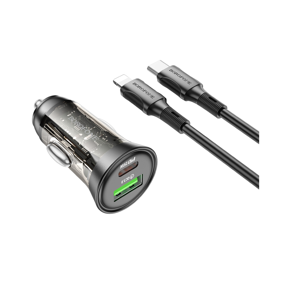 Auto Punjač sa kablom 1m Type-C to iPhone/lightning BOROFONE BZ26A Shadow PD43W USB + Type-C car set transparent black