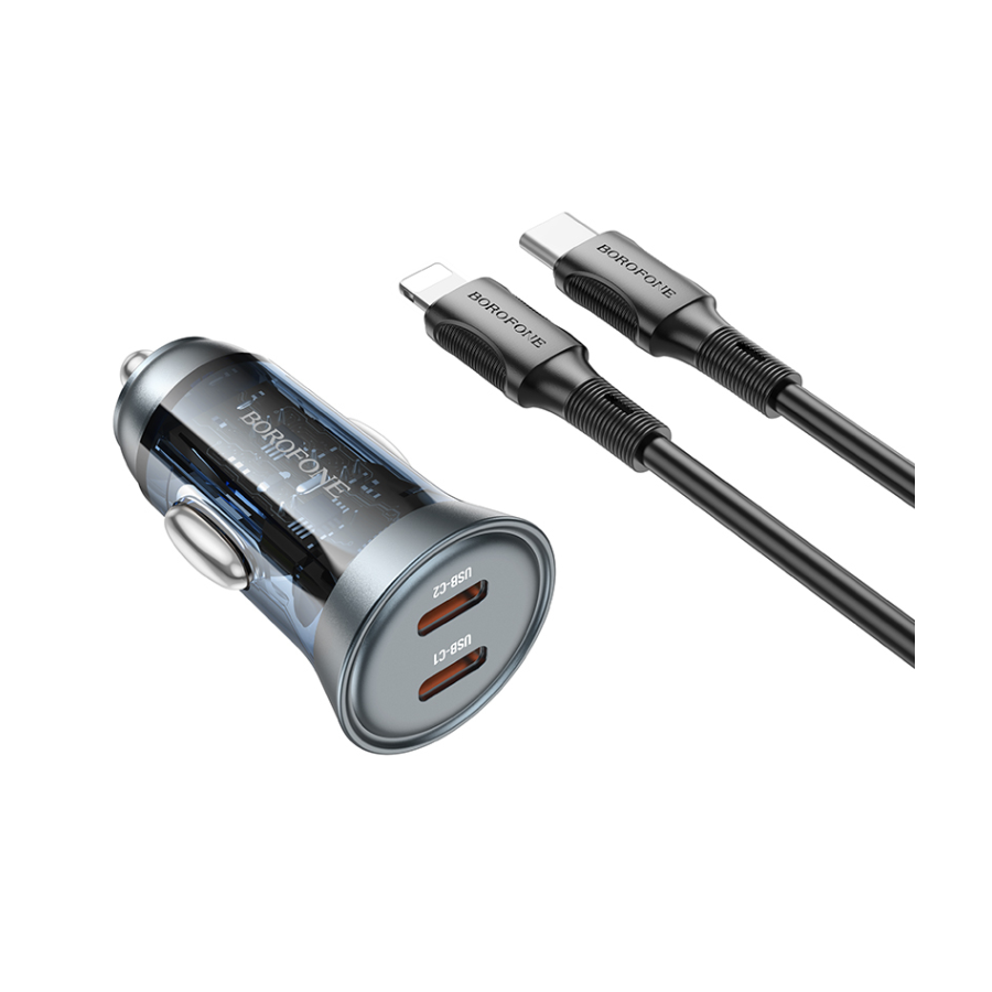 Auto Punjač sa kablom 1m Type-C to iPhone/lightning BOROFONE BZ26B Discovery PD45W 2xType-C car set transparent blue