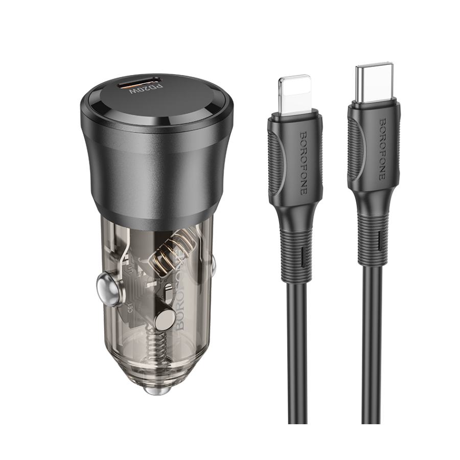 Auto Punjač sa kablom 1m Type-C to iPhone/lightning BOROFONE BZ24 Clever single port PD20W Type-C car set transparent black