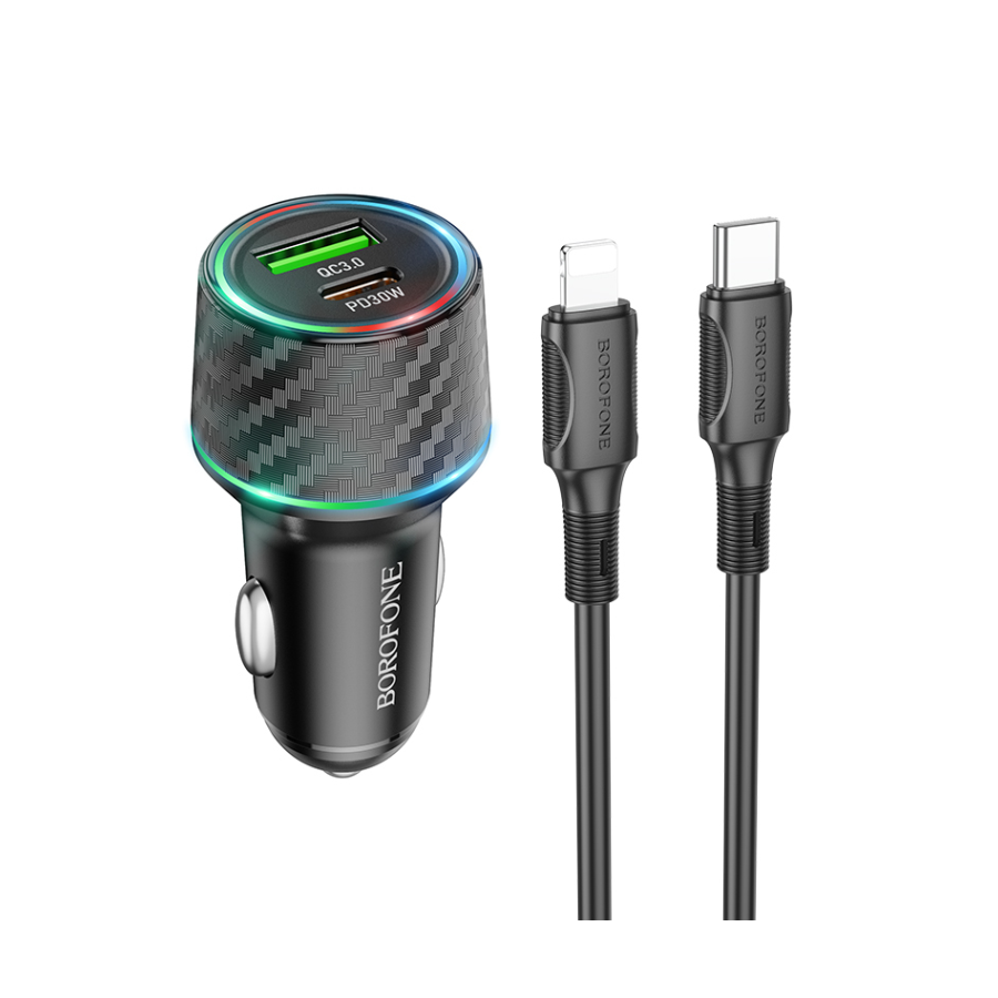 Auto Punjač sa kablom 1m Type-C to iPhone/lightning BOROFONE BZ21 Brilliant 48W dual port PD30W+QC3.0 USB + Type-C car set black