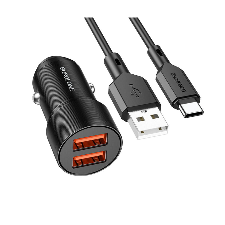 Auto Punjač sa kablom 1m USB to Type-C BOROFONE BZ19 Wisdom dual port 2xUSB car set black