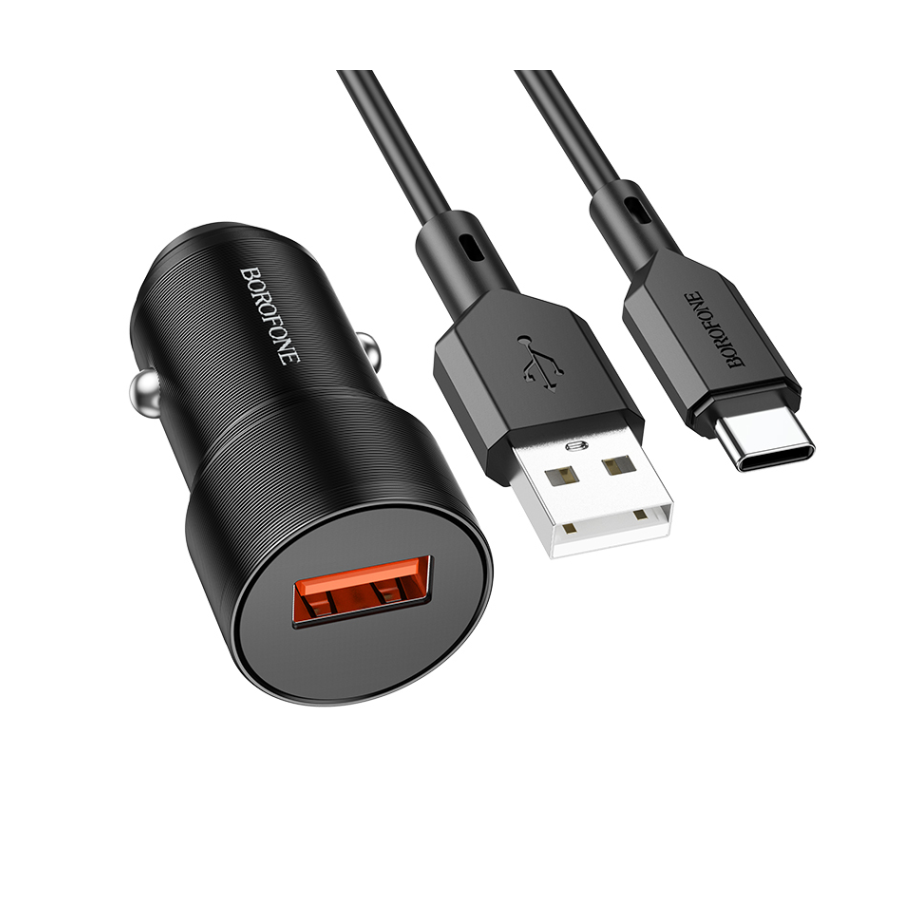 Auto Punjač sa kablom 1m USB to Type-C BOROFONE BZ19A Wisdom single port QC3.0 USB car set black
