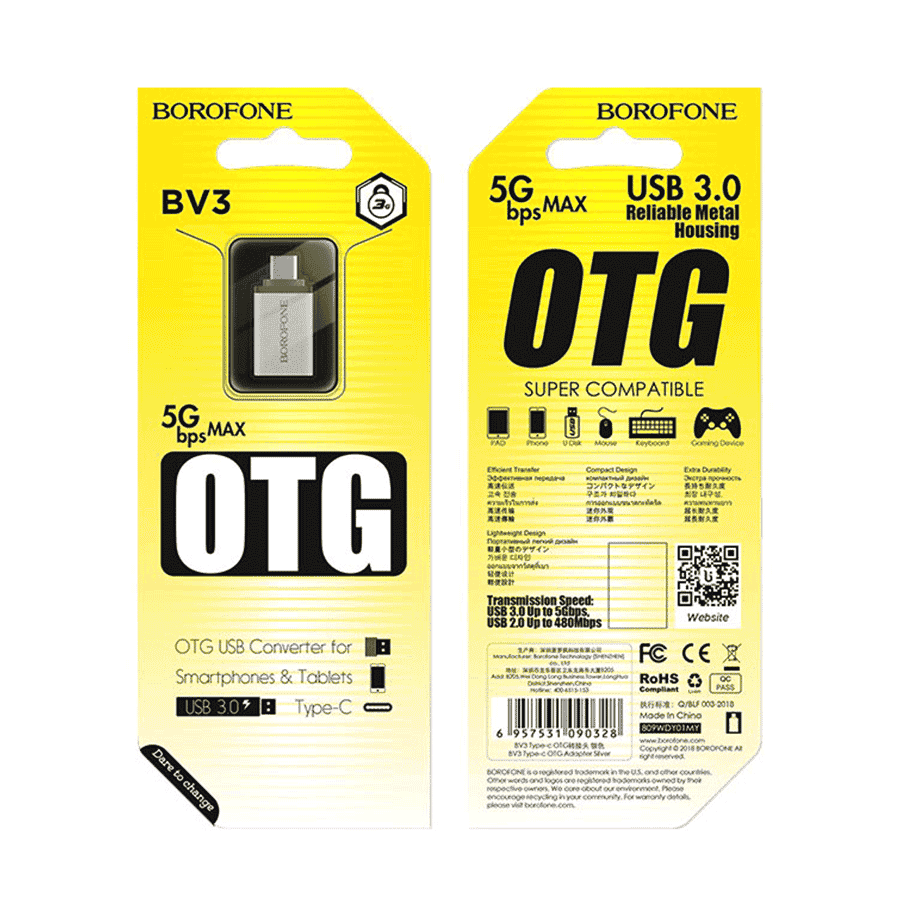 USB adapter Type-C OTG BOROFONE BV3 silver