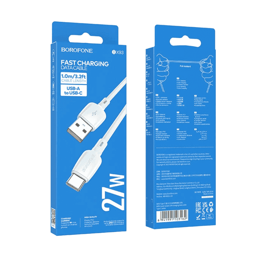 USB kabal 1m BOROFONE BX93 Super power 27W charging data USB to Type-C white