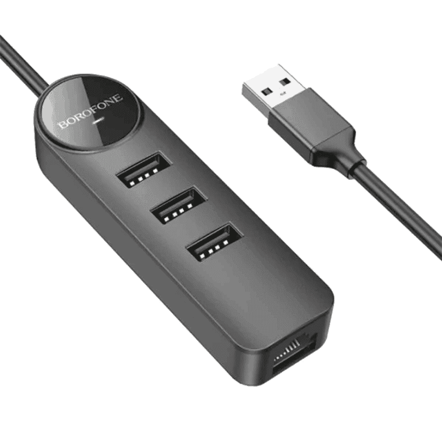 USB HUB + GLAN Ethernet Adapter BOROFONE DH6 Erudite 4-in-1, USB3.0x3 +RJ45 black