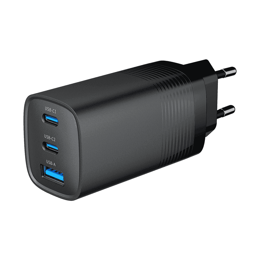 USB punjač 2xType-C + 1xUSB-A fast charger, 65W PD, back GEMBIRD, TA-UC-PDQC65-01-BK