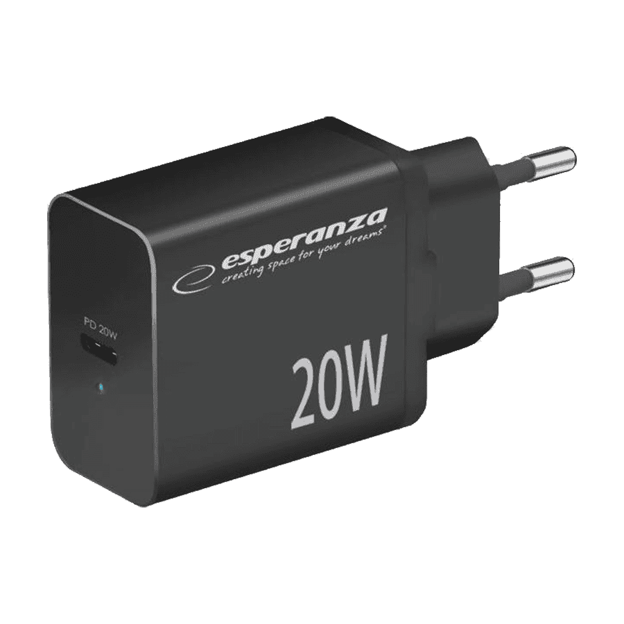 USB punjač Type-C fast charger, ESPERANZA QUICK POWER CHARGER 20W USB-C PD, BLACK, EZC104K