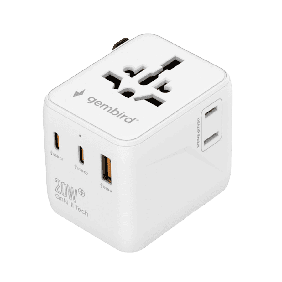Univerzalni strujni adapter za sve zemlje + USB + Type-C punjač GEMBIRD, 20 W, white, TPA-1A2C20-01-W