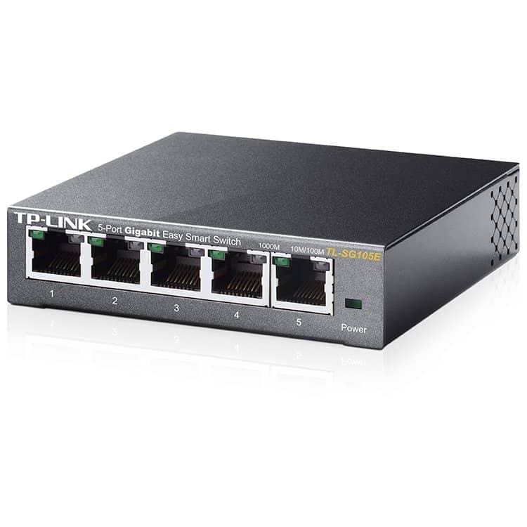 TP-Link TL-SG105E 5-Port Gigabit Desktop Easy Smart Switch, 5 10/100/1000Mbps RJ45 ports, MTU/Port/Tag-based VLAN, QoS, IGMP Snooping, Green technology, Metal Casing, Desktop/Wall mount