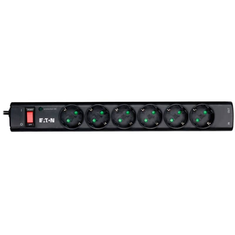 Eaton Protection Strip 6 DIN, 10A, 2500W; Input: Schuko, Outputs: (6) Schuko; Power Cord Lenght 1m; Over voltage protection; On/Off switch; LED indication; 2yr warranty