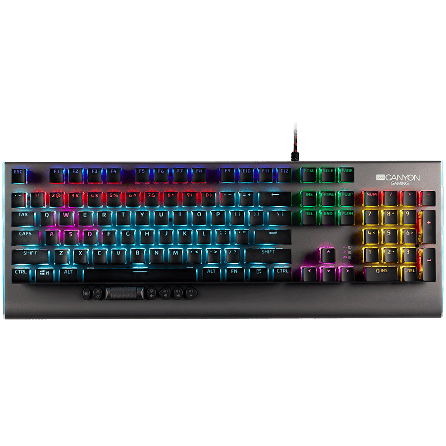CANYON Interceptor GK-8, Wired multimedia gaming keyboard with lighting effect, 20pcs rainbow LED & 19pcs RGB light, Numbers 104keys, EN double injection layout, cable length 1.8M, 446*160*40mm, 0.98kg, color Dark grey