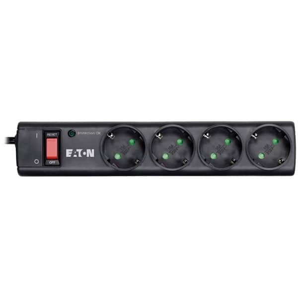 Eaton Protection Strip 4 DIN, 10A, Input: Schuko, Outputs: (4) Schuko; Power Cord Lenght 1m; Over voltage protection; On/Off switch; LED indication; 2yr warranty