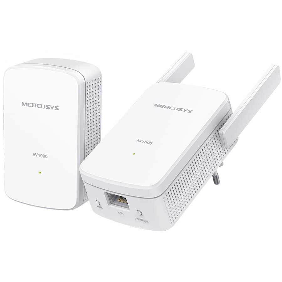 Mercusys MP510 KIT AV1000 Gigabit Powerline N300 Wi-Fi KIT (1× MP510 + 1× MP500) 300 Mbps at 2.4 GHz, 1000 Mbps Powerline,Broadcom CPU, 1× Gigabit Port, 2× Fixed External Antennas, Wall Plugged, HomePlug AV2,Plug and Play, One-Touch Wi-Fi Config.