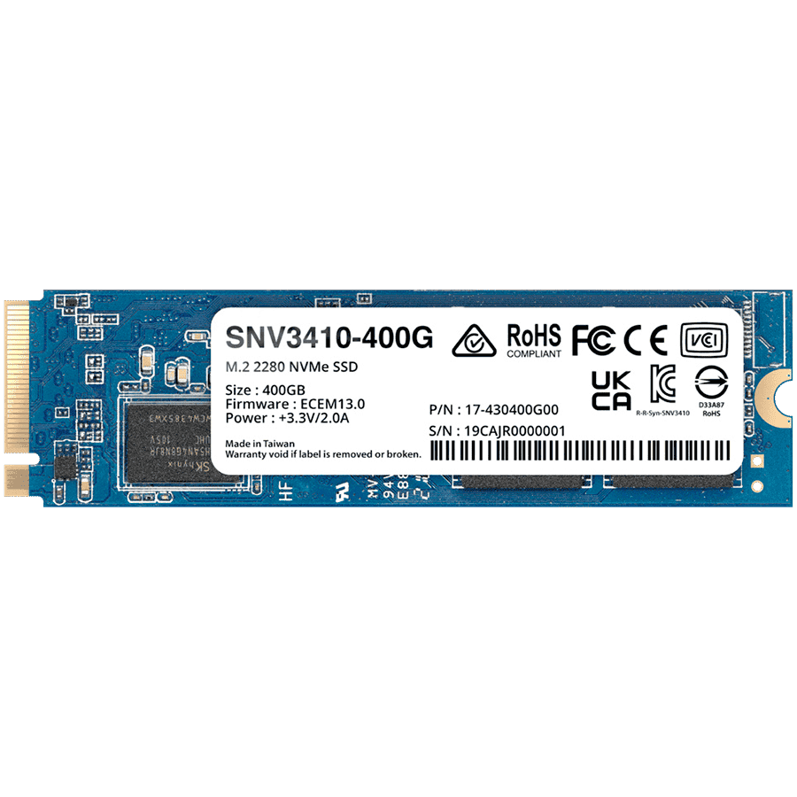 Synology SNV3410 400GB Enterprise NVMe m.2 2280 SSD, NVMe PCIe 3.0 x4, Read/Write(128 KB, QD32) 3,000 /750 MB/s, MTBF : 1.8 million hours