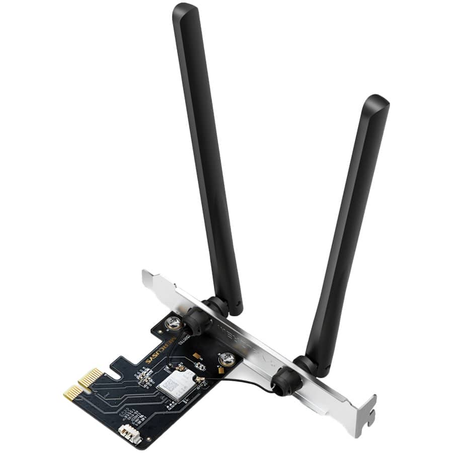 Mercusys MA86XE AXE5400 Tri-Band Wi-Fi 6E Bluetooth PCI Express Adapter, 2402 Mbps at 6 GHz + 2402 Mbps at 5 GHz + 574 Mbps at 2.4 GHz, 2× High Gain Tri-Band Ext. Antennas,Wi-Fi 6E,MU-MIMO,OFDMA,1024 QAM,HE160,WPA3,Bluetooth5.2, Intel Wi-Fi6E Chipse