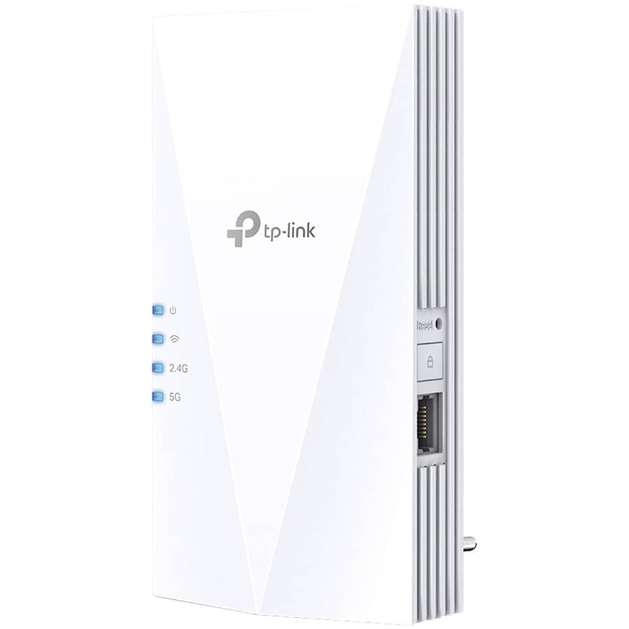 TP-Link RE500X AX1500 Wi-Fi 6 Range Extender, 300 Mbps at 2.4 GHz + 1201 Mbps at 5 GHz, 2 × Internal Antennas, 1 × Gigabit Port, Broadcom 1.5GHz Tri-Core CPU, 1024 QAM, Wall Plugged, Tether App, WPS, RE/AP Mode, OneMesh, Beamforming, MU-MIMO, OFDMA