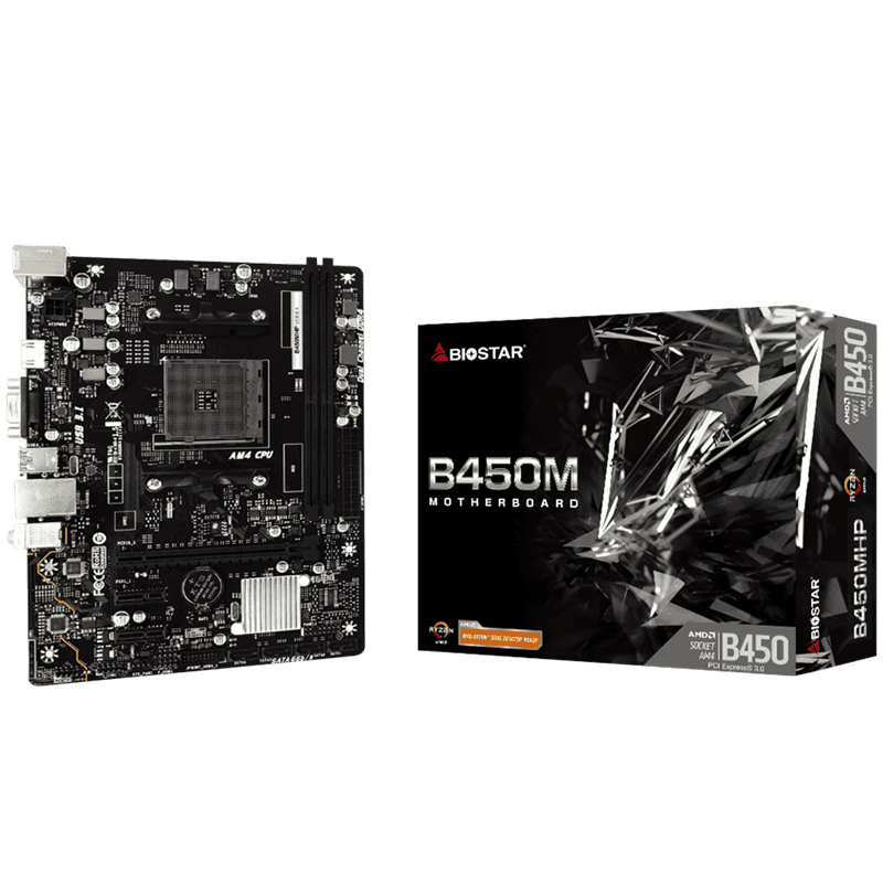 BIOSTAR MB B450 AM4 2 x DDR4 4 x SATA II 1 x VGA Port 1 x HDMI Port 1 x LAN port Micro ATX