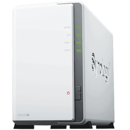 Synology DS223j, Tower, 2-bays 3.5'' SATA HDD/SSD, CPU 4-core 1.7 GHz; 1 GB DDR4 non-ECC; 1 x RJ-45 1GbE LAN Port; 2 x USB 3.2 Gen1; ; 0.88 kg; 2yr warranty
