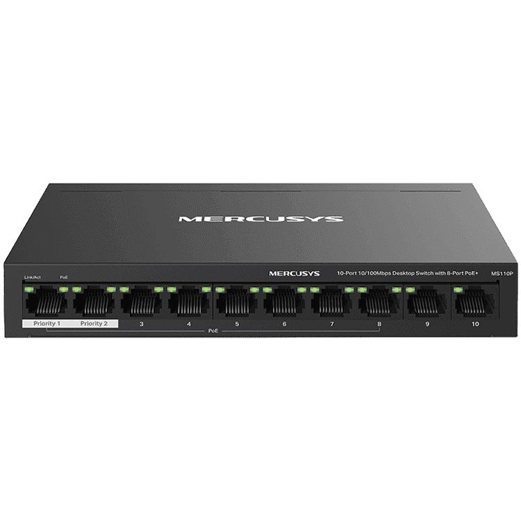 10-Port 10/100Mbps Desktop Switch with 8-Port PoE+PORT: 8× 10/100 Mbps PoE+ Ports, 2× 10/100 Mbps Non-PoE PortsSPEC: Compatible with 802.3af/at PDs, 65 W PoE Power, Desktop Steel Case, Wall MountingFEATURE: Extend Mode for 250m PoE Transmitting,