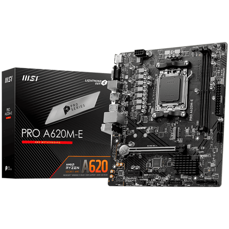 MSI PRO A620M-E, mATX, Socket AM5, Dual Channel DDR5 6800+MHz, 1x PCIe x16 slot, 1x M.2 slot, 1x HDMI, 1x VGA, 2x USB 3.2 Gen 1, 4x USB 2.0, 7.1 HD Audio, Realtek RTL8111H Gigabit LAN, 3Y