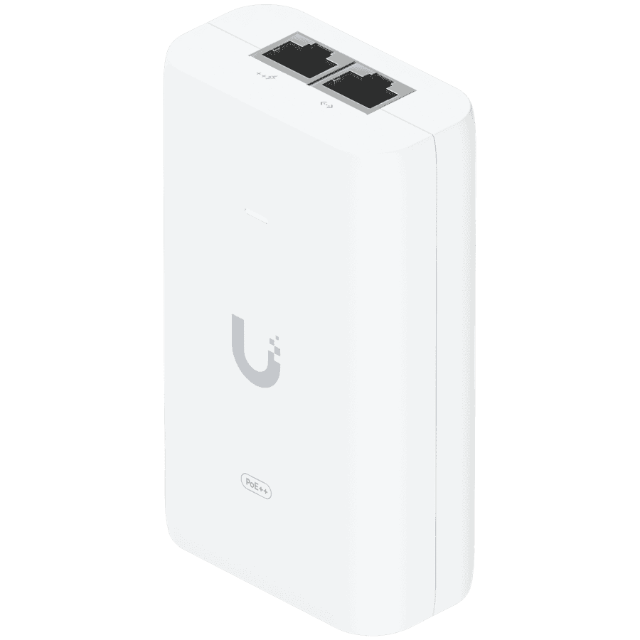 UBIQUITI PoE++ Adapter; Delivers up to 60W of PoE++; Surge, peak pulse, and overcurrent protection; Contains RJ45 data input, AC cable with earth ground, and PoE++ output; LED indicator for status monitoring.