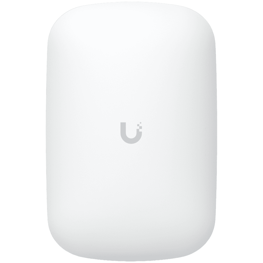 UBIQUITI U6 Extender; WiFi 6; 6 spatial streams; 115 m² (1,250 ft²) coverage; 300+ connected devices; Powered with standard AC wall outlet; Wireless uplink to UniFi WiFi.