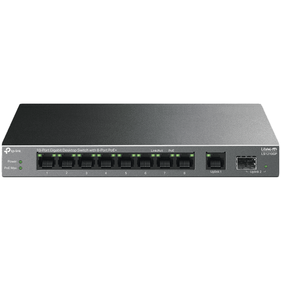 TP-Link LS1210GP 10-Port Gigabit Desktop Switch with 8-Port PoE+, 8× Gigabit PoE+ Ports, 1x Gigabit Non-PoE Port, 1× Gigabit SFP Slot, 61 W PoE Power, Desktop Steel Case, Extend Mode for 250m PoE Transmitting, Isolation Mode, PoE Auto Recovery