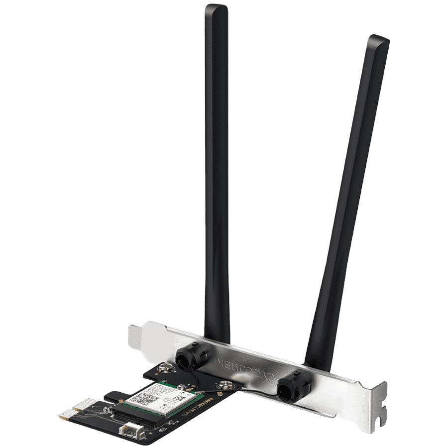 Mercusys MA80XE AX3000 Dual-Band Wi-Fi 6 Bluetooth PCI Express Adapter, 2402 Mbps at 5 GHz + 574 Mbps at 2.4 GHz, 2× High Gain Dual-Band External Antennas, Wi-Fi 6, MU-MIMO, OFDMA, 1024 QAM, HE160, WPA3, Bluetooth 5.2, Intel WiFi 6 Chipset