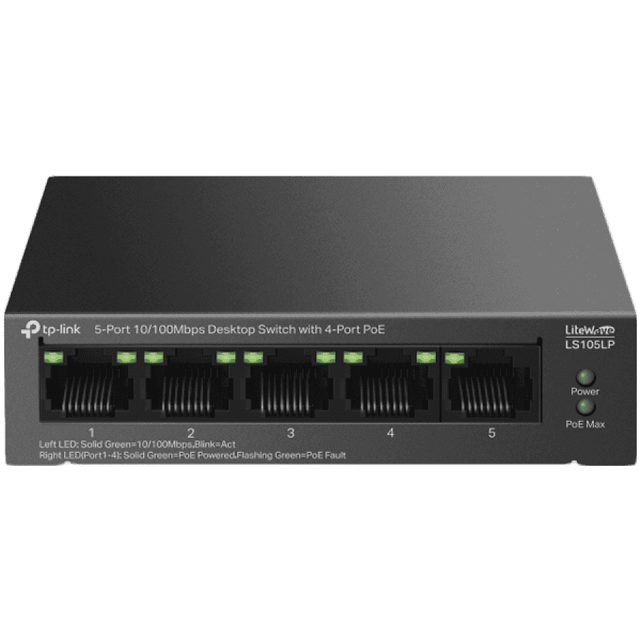 TP-Link LS105LP 5-Port 10/100 Mbps Desktop Switch with 4-Port PoE, 4× 10/100 Mbps PoE Ports, 1× 10/100 Mbps Non-PoE Port, 802.3af, 41 W PoE Power, Desktop Steel Case, Extend Mode for 250m PoE Transmitting, PoE Auto Recovery, Plug and Play