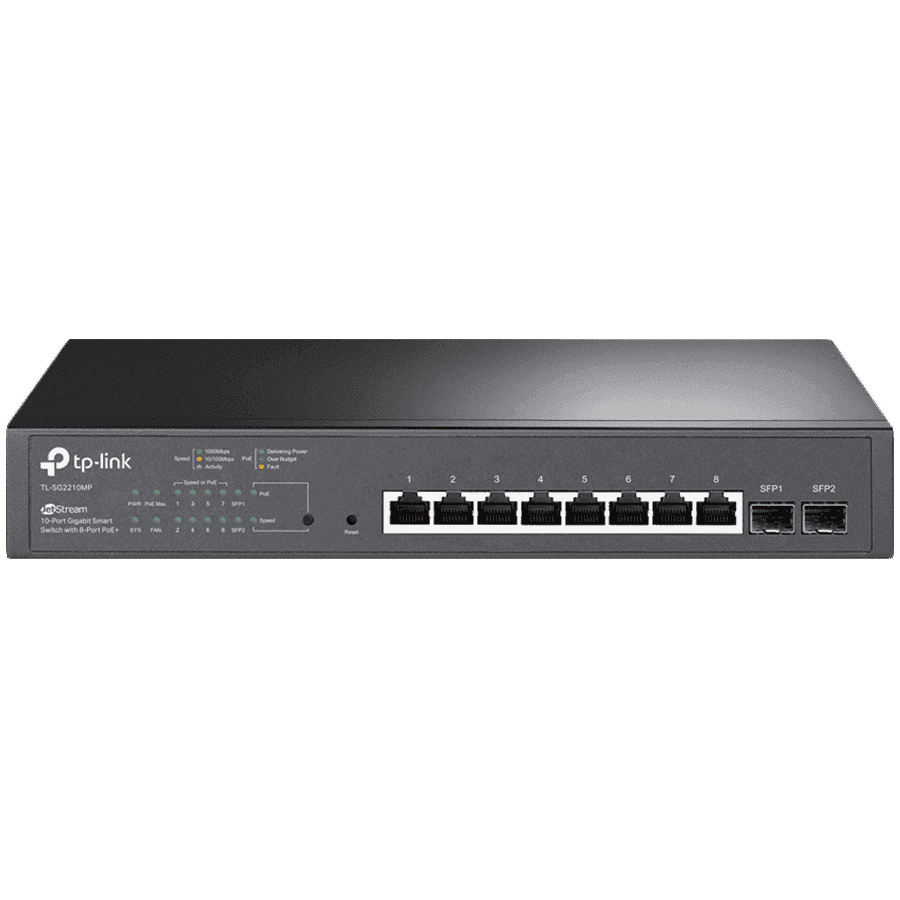 TP-Link SG2210MP Omada 10-Port Gigabit Smart Switch with 8-Port PoE+, 8× G PoE+ ports and 2× G SFP slots, 150 W total PoE budget, Omada app, Static Routing, VLAN, ACL, QoS, IGMP Snooping, Zero-Touch Provisioning, QoS Traffic Prioritization