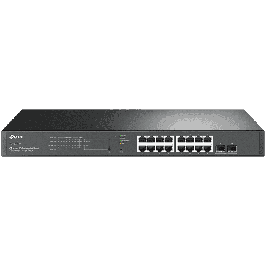 TP-Link SG2218P Omada 18-Port Gigabit Smart Switch with 16-Port PoE+, 16× Gigabit 802.3af/at PoE+ ports and 2× Gigabit SFP Slots, 150 W total PoE budget, Centralized cloud management via the web or the Omada app, Static Routing, VLAN, ACL, QoS, IGM