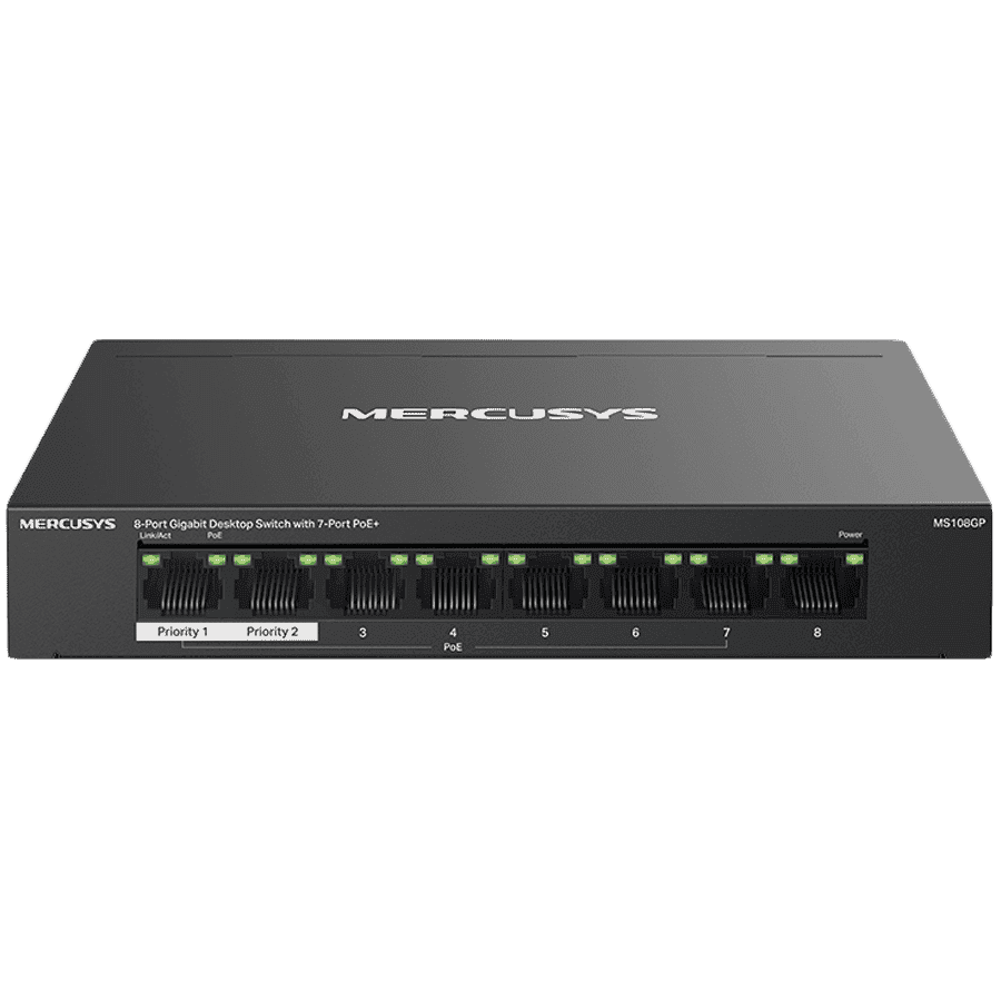 Mercusys MS108GP 8-Port Gigabit Desktop Switch with 7-Port PoE+, 7× Gigabit PoE+ Ports, 1× Gigabit Non-PoE Ports, Compatible with 802.3af/at PDs, 65 W PoE Power, Desktop Steel Case, Wall Mounting,Extend Mode for 250m PoE Transmitting, Isolation Mode