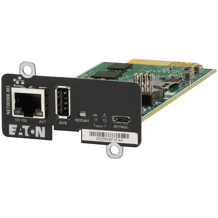 Eaton Network Managment Card - M3; Web/SNMP communications; Ethernet 10/100/1000BaseT; For UPS: 5P, 5PX, 5PX G2, 5SC Rack, 9PX, 9PXM, 9SX, 9130, Ferrups FX, 9E, 93PS, 91PS, 91PS Monoblock, 93E PDU: ATS rack PDU (EATS115, EATS120, EATS220)