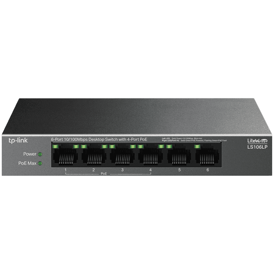 TP-Link LS106LP 6-Port 10/100 Mbps Desktop Switch with 4-Port PoE, 4× 10/100 Mbps PoE Ports, 2× 10/100 Mbps Non-PoE Ports, 802.3af, 41 W PoE Power, Desktop Steel Case, Extend Mode for 250m PoE Transmitting, PoE Auto Recovery, Plug and Play
