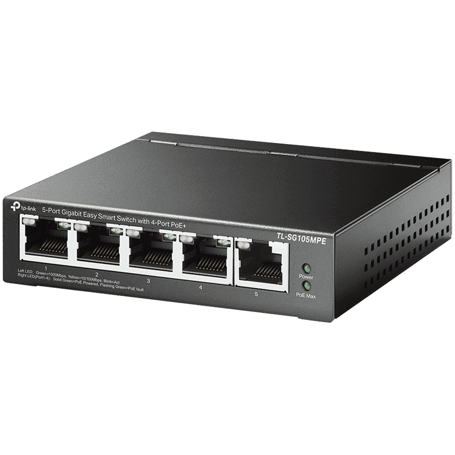 5-Port Gigabit Easy Smart Switch with 4-Port PoE+ 4× Gigabit PoE+ Ports, 1× Gigabit Non-PoE Ports 802.3af/at, 120 W PoE Power, Desktop Steel Case PoE Auto Recovery, MTU/Port/Tag-based VLAN, QoS, IGMP Snooping, Web/Utility Management, Plug and Play