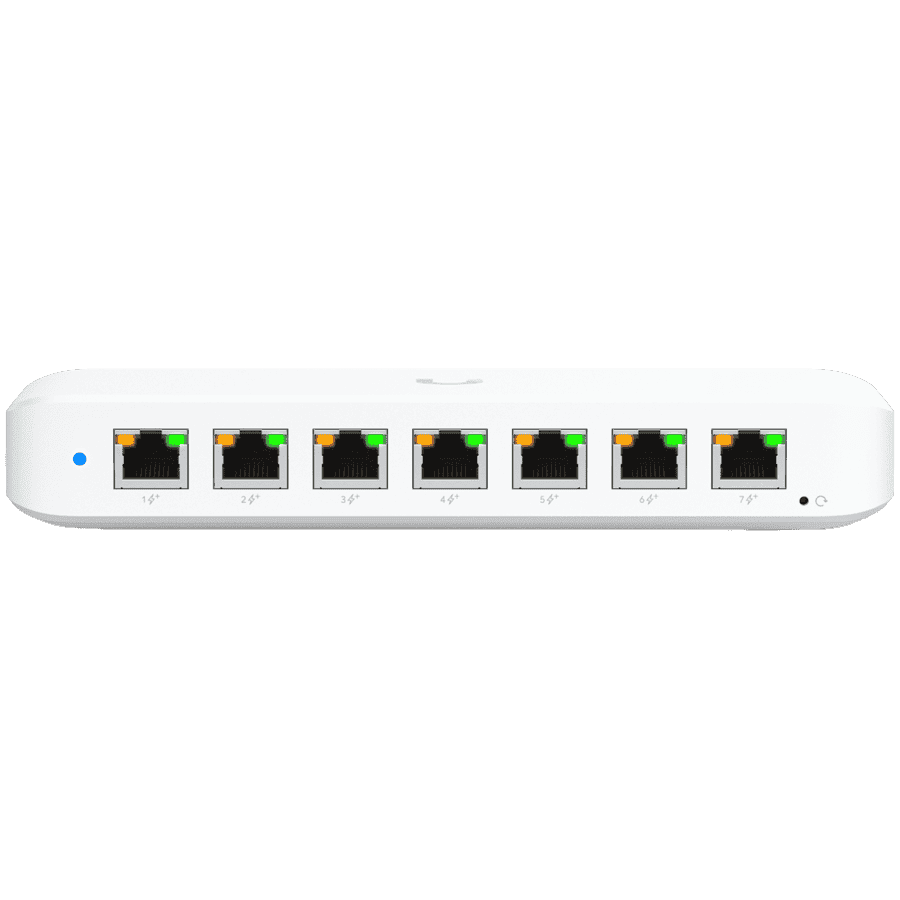 Ubiquiti USW-Ultra-210W-EU compact, Layer 2, 8-port GbE PoE switch with versatile mounting options, 7x GbE PoE+ output ports, GbE port with optional PoE++ input, 202W PoE availability with the included AC power adapter