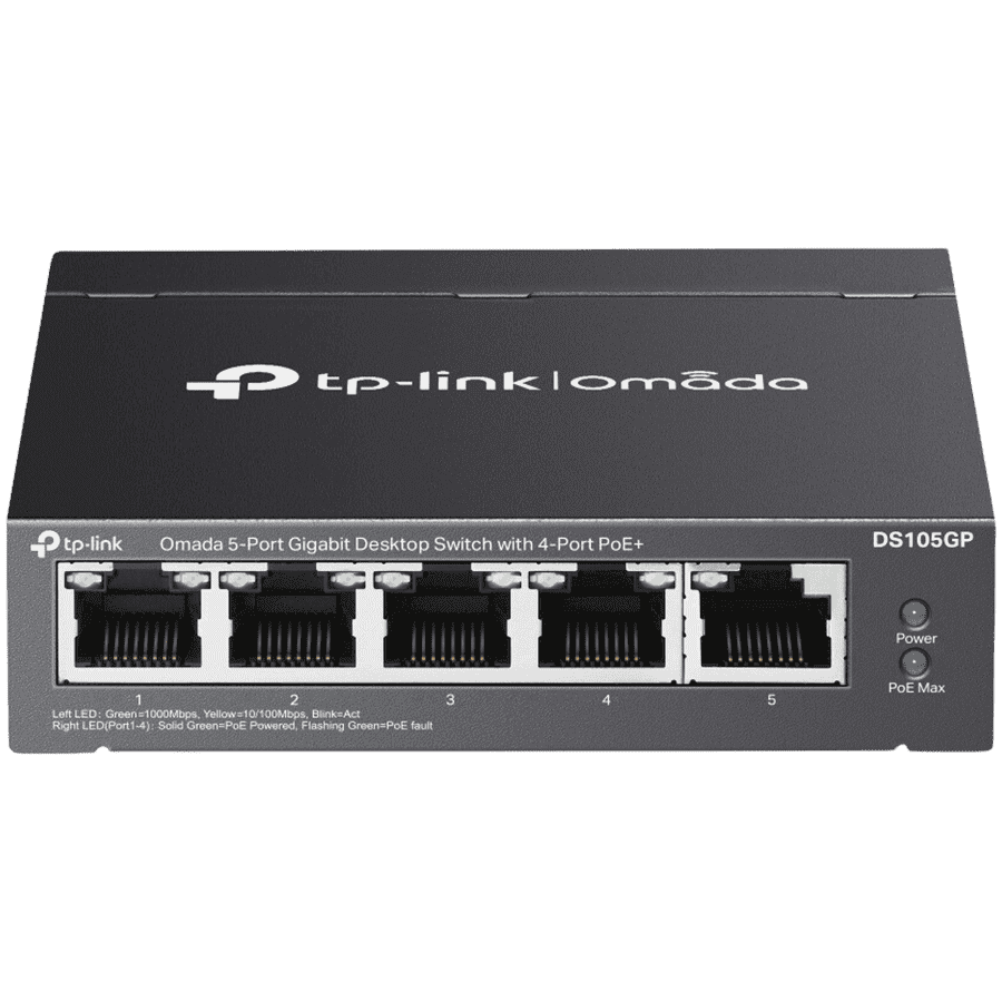 Omada 5-Port Gigabit Desktop Switch with  4-Port PoE+  PORT: 4× Gigabit PoE+ Ports, 1× Gigabit Non-PoE Port SPEC: 802.3af/at, 65 W PoE Power, Desktop Steel Case FEATURE: Plug and Play