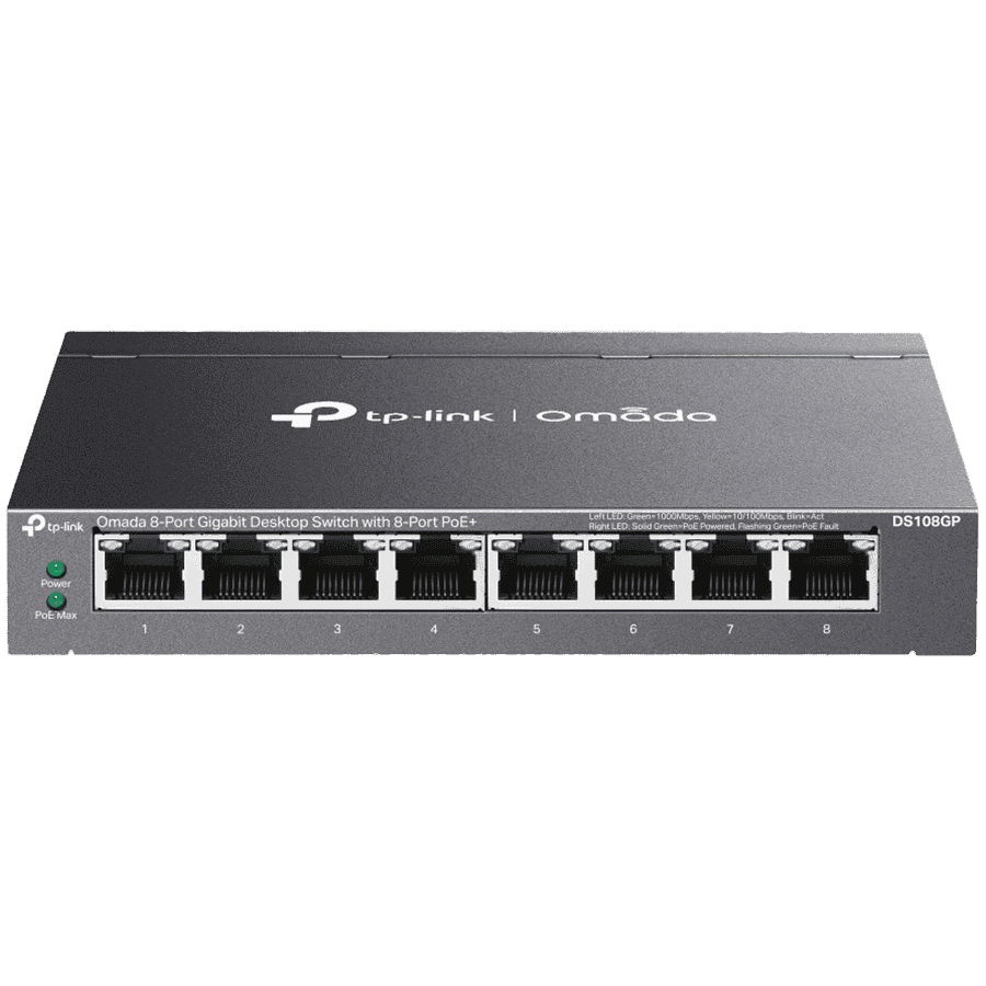 Omada 8-Port Gigabit Desktop Switch with  8-Port PoE+  8× Gigabit PoE+ Ports 802.3af/at, 64 W PoE Power, Desktop Steel Case Plug and Play