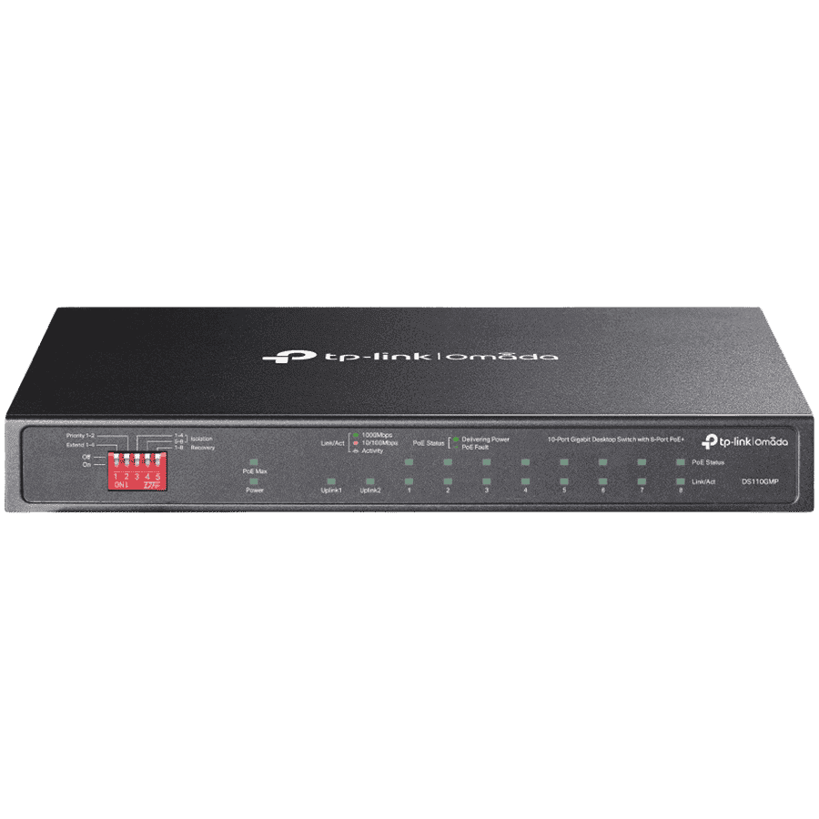 Omada 10-Port Gigabit Desktop Switch with 8-Port PoE+ 8× Gigabit PoE+ Ports, 2x Gigabit Non-PoE Ports, 1× Combo Gigabit SFP Slot 802.3at/af, 123 W PoE Power,  Desktop Steel Case Extend Mode for 250m PoE Transmitting, Priority Mode for Port1-2,