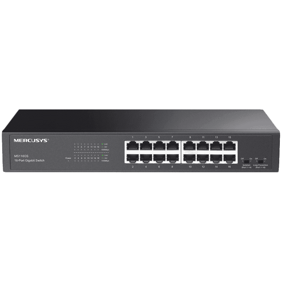 Mercusys MS116GS 16-Port Gigabit Desktop/Rackmount Switch, 16x10/100/1000 Mbps Auto-Negotiation RJ45 port supporting Auto-MDI/MDIX, Isolation Mode, Loop Prevention, Durable Metal Casing, Plug and Play